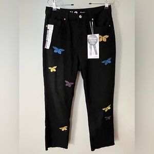 SONG Timeless Fit Trendy Black Jeans with Colorful Butterfly Embroidery 29 NWT